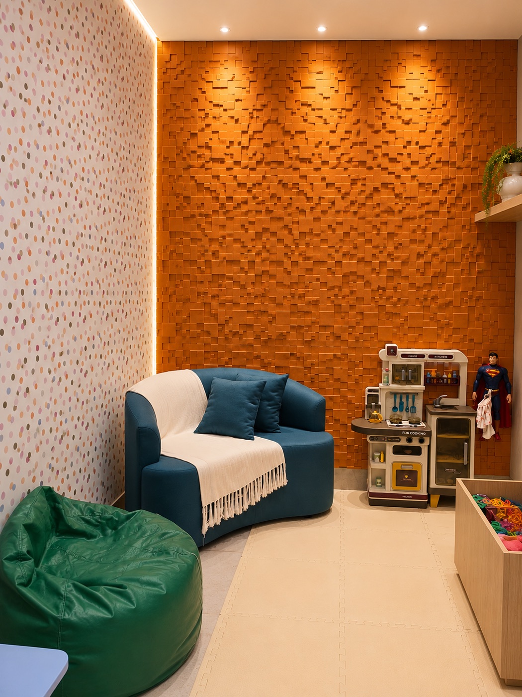 Espaço infantil com sofá, pufe e cozinha de brinquedo
